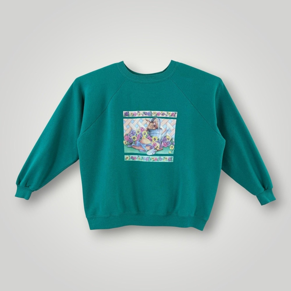 VTG Hanes Her Way Sweatshirt Womens XL Green Bunny Easter Garden USA Made‎